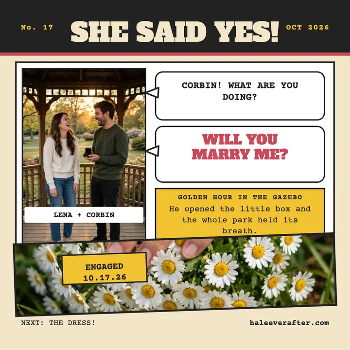 Lena and Corbin gazebo proposal comic: engagement announcement template