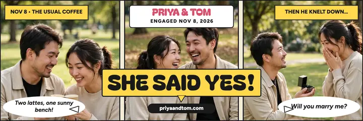 Priya and Tom photo comic engagement header: engagement comic header template