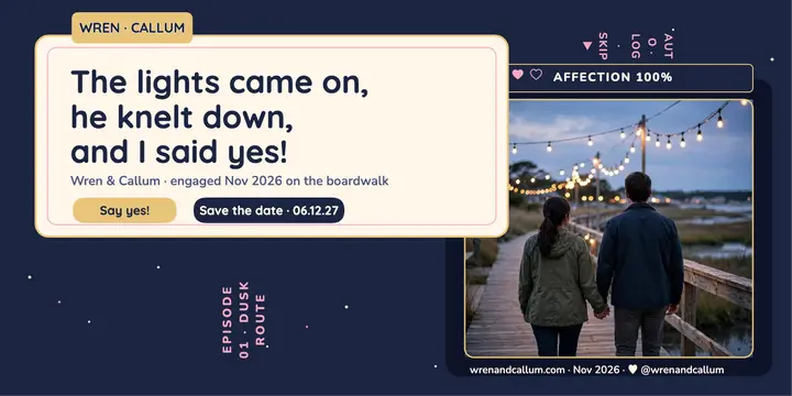Wren and Callum visual novel engagement post template