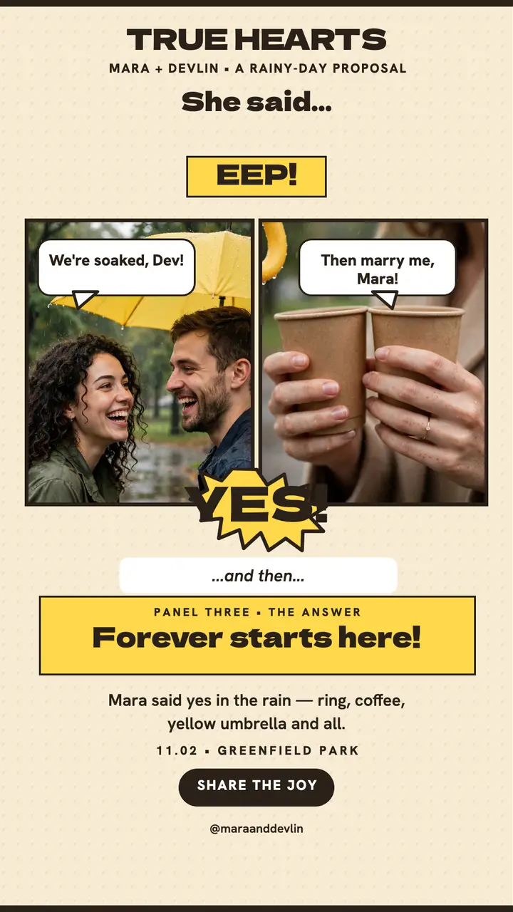 Mara and Devlin rainy proposal fotonovela template