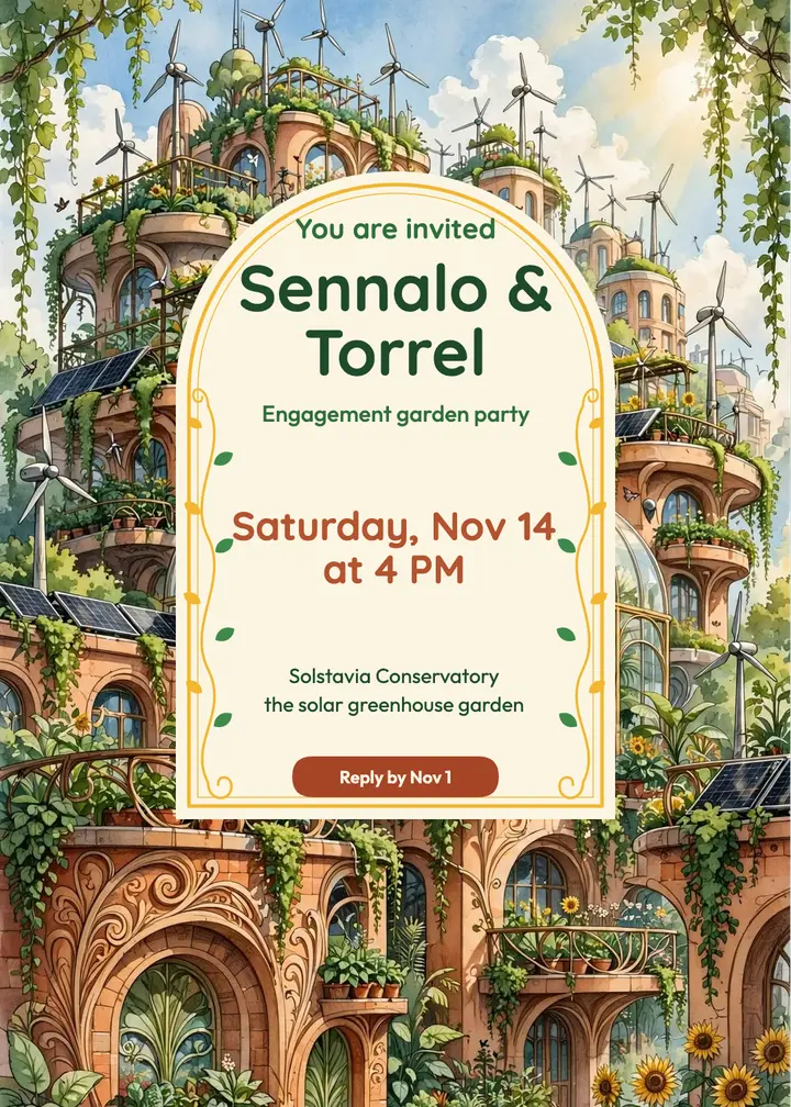 Engagement garden party invitation, solarpunk greenhouse template