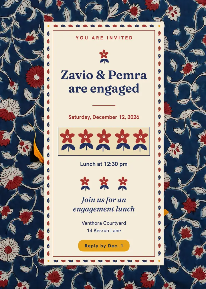 Engagement lunch invitation, Indian block print template