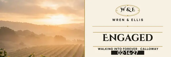 Wren and Ellis vineyard engagement header: engagement announcement header template