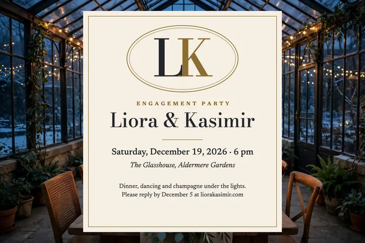 Liora and Kasimir engagement party postcard: engagement party invitation postcard template