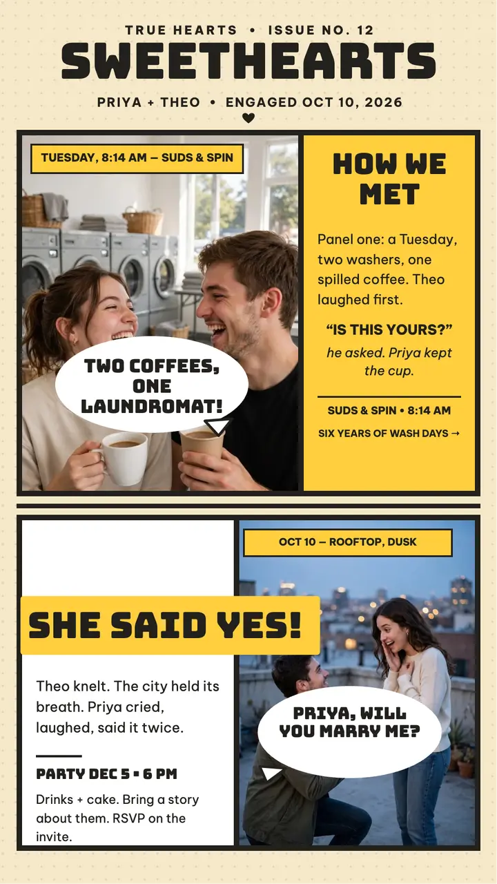 Priya and Theo engagement photo comic template