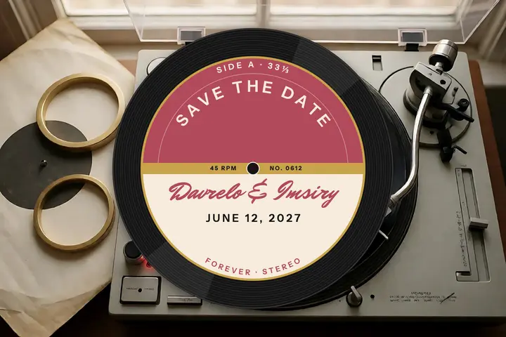 Engagement save the date record label postcard: save the date postcard template