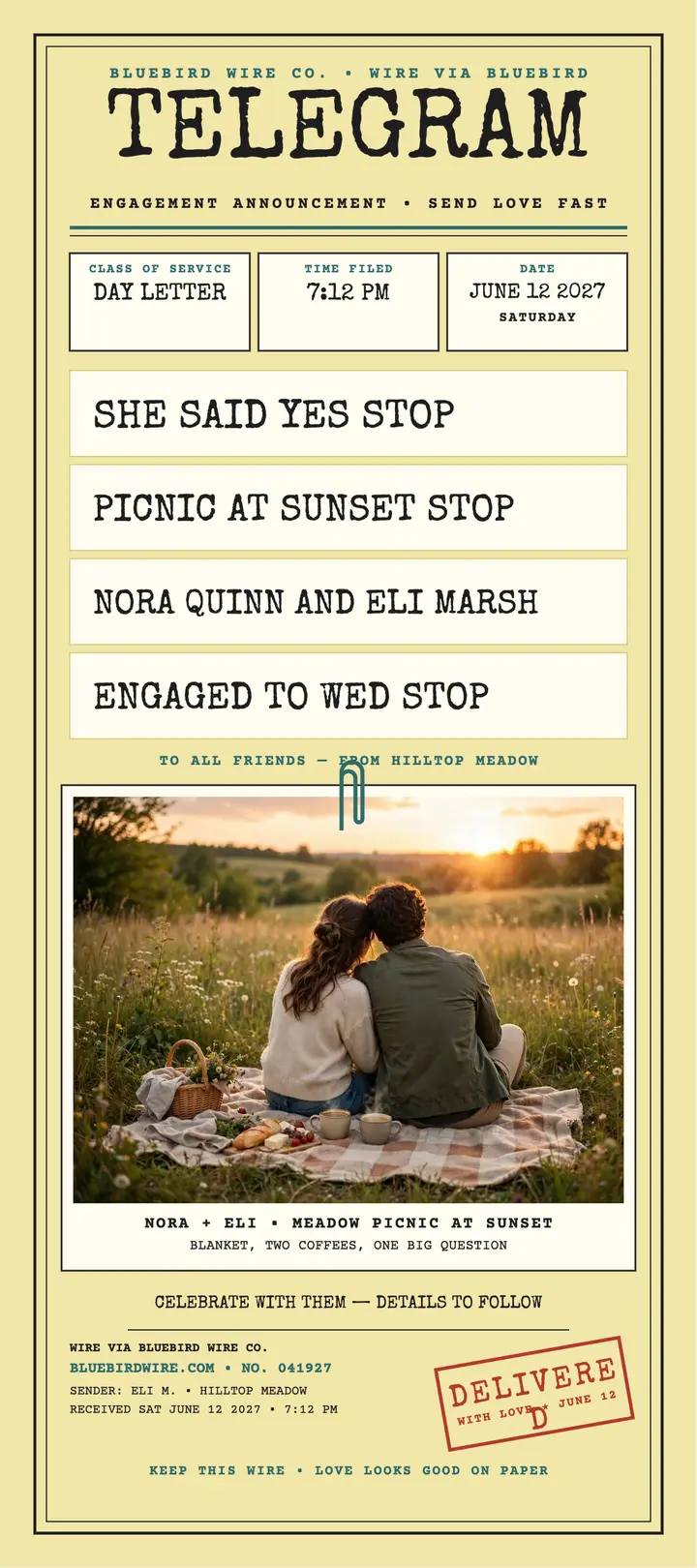 Nora and Eli engagement telegram rack card template