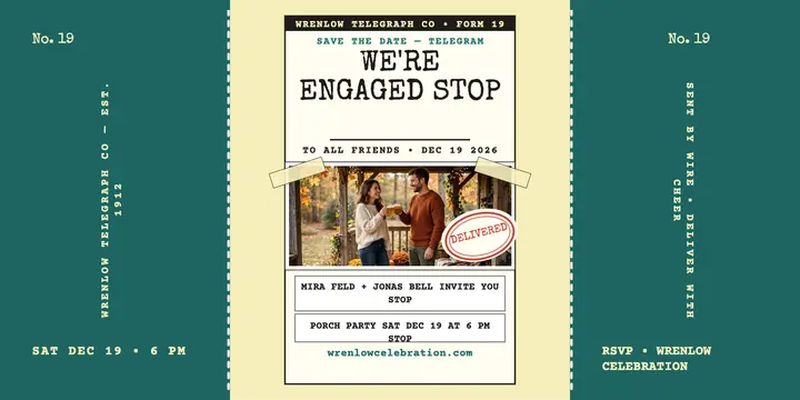 Mira and Jonas engagement telegram save the date: engagement save the date post template