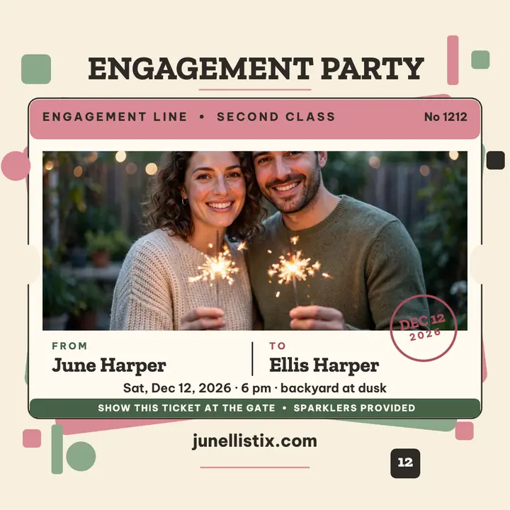June and Ellis engagement ticket invite template