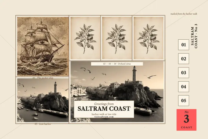 Saltram Coast engraved postcard: coastal travel postcard template