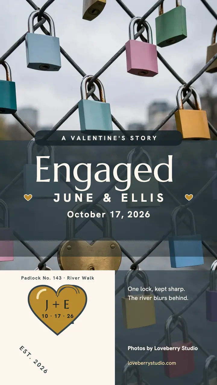 June and Ellis engraved lock story: engagement story template