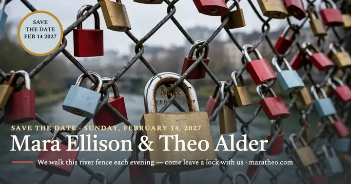 Engraved river lock save-the-date post: save-the-date post template