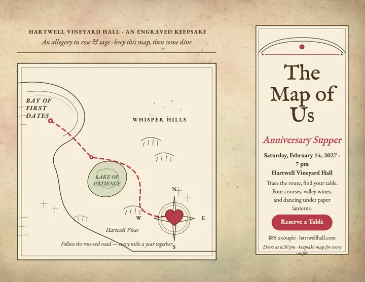 Map of Us anniversary supper flyer: anniversary dinner flyer template