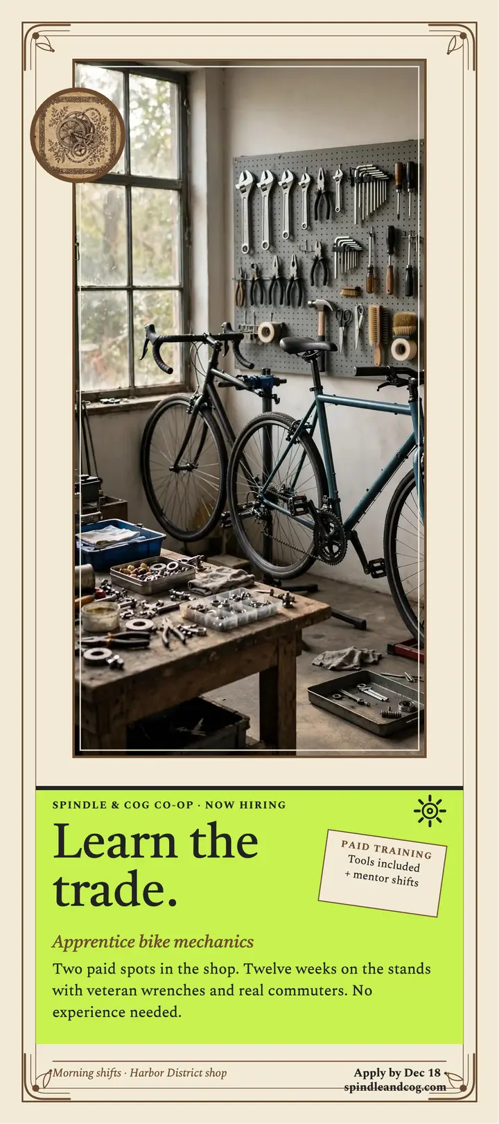 Spindle and Cog apprentice hiring card: bike shop hiring card template