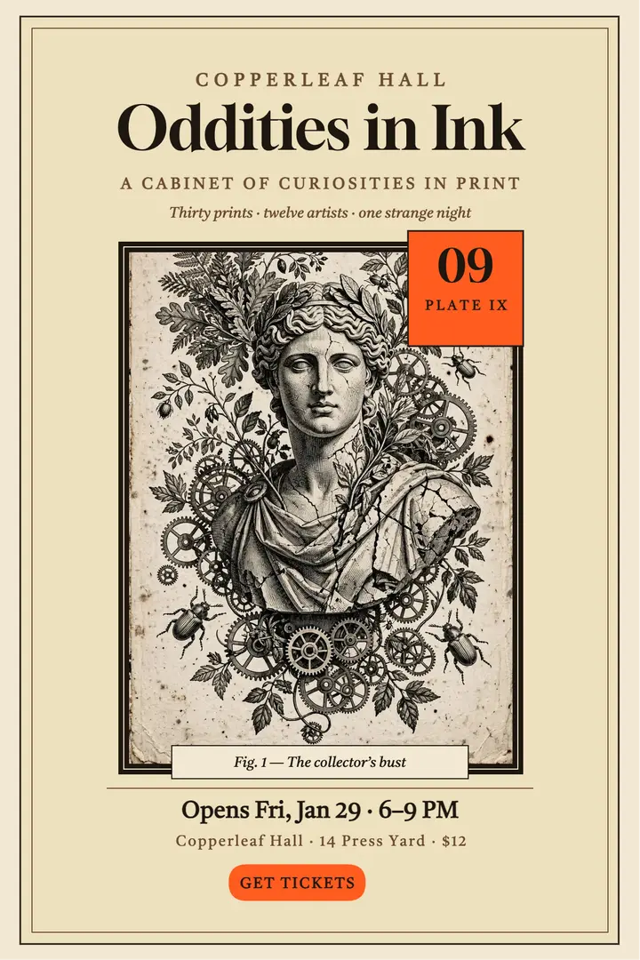 Oddities in Ink curiosities poster: curiosities exhibition poster template