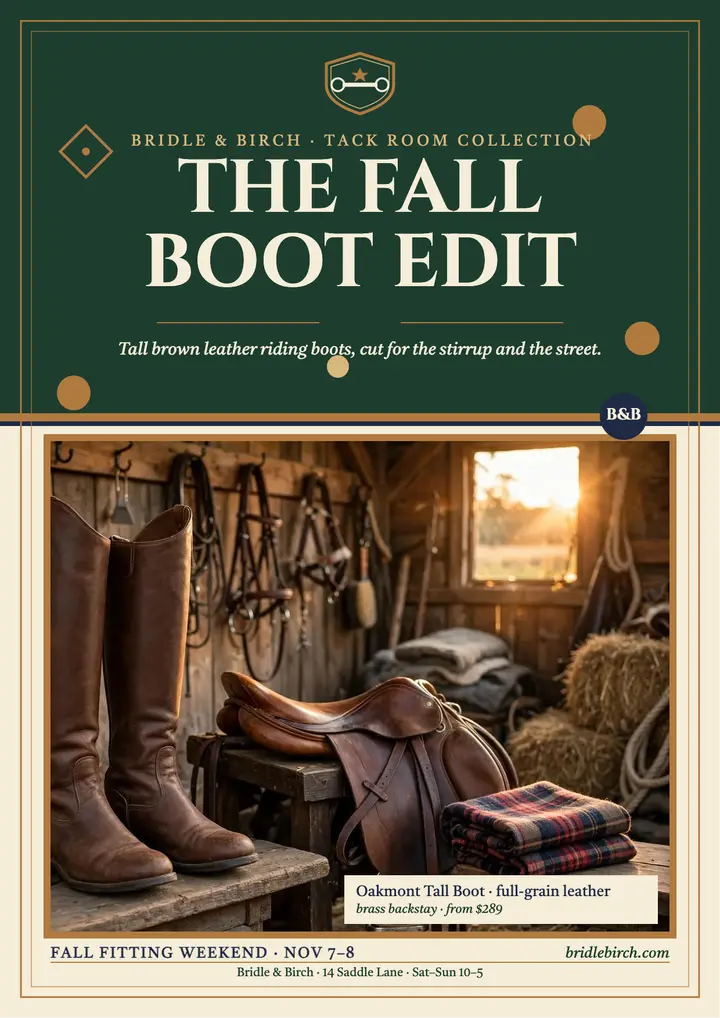 Bridle and Birch fall boot edit flyer template