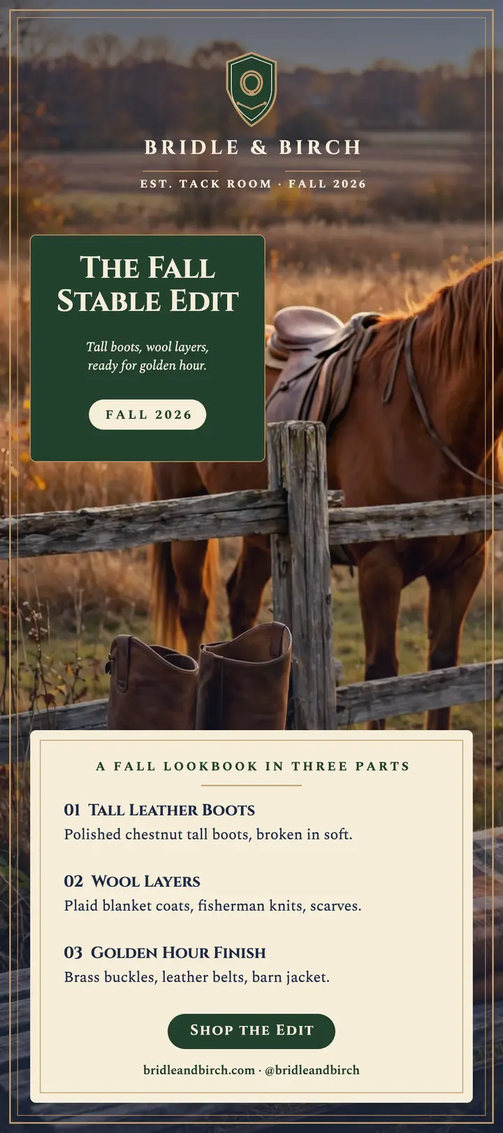 Bridle and Birch fall stable edit rack card template