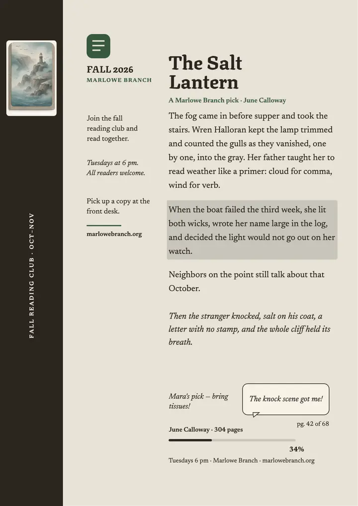 Marlowe fall reading club e-reader flyer template