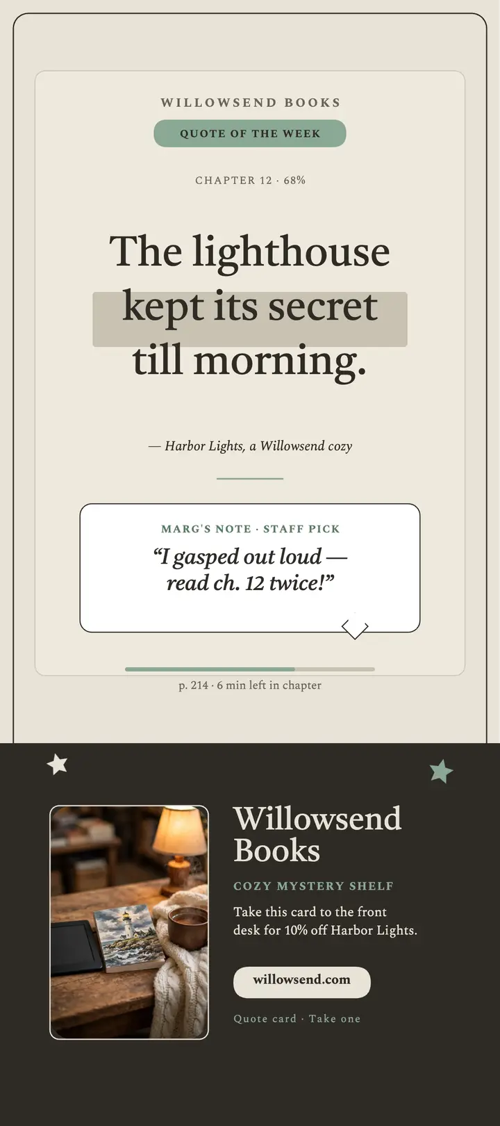 Willowsend cozy quote e-reader card: bookstore quote card template