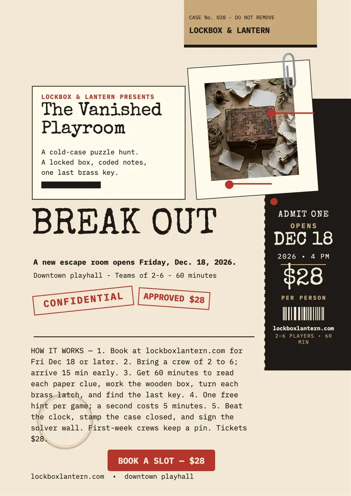 Lockbox and Lantern escape room dossier flyer template