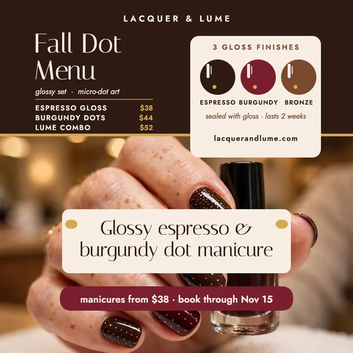 Lacquer and Lume fall dot manicure menu template