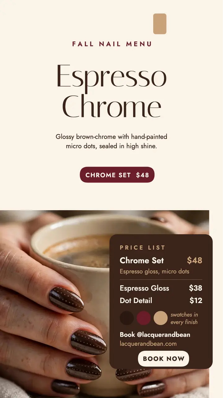 Espresso chrome nail menu story template