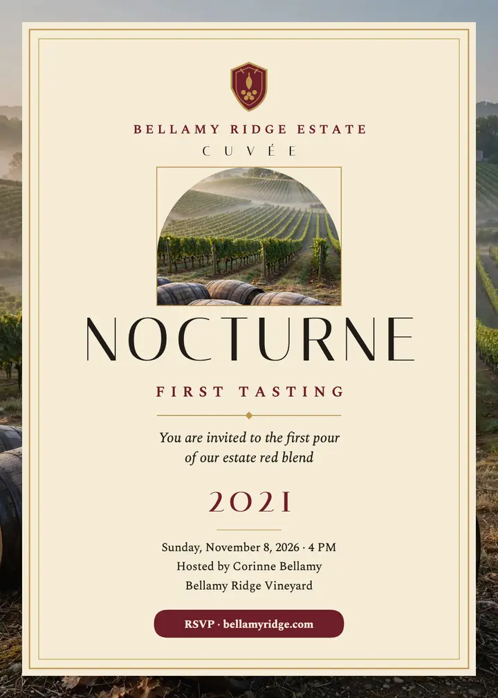 Bellamy Ridge estate tasting launch invitation: wine tasting invitation template