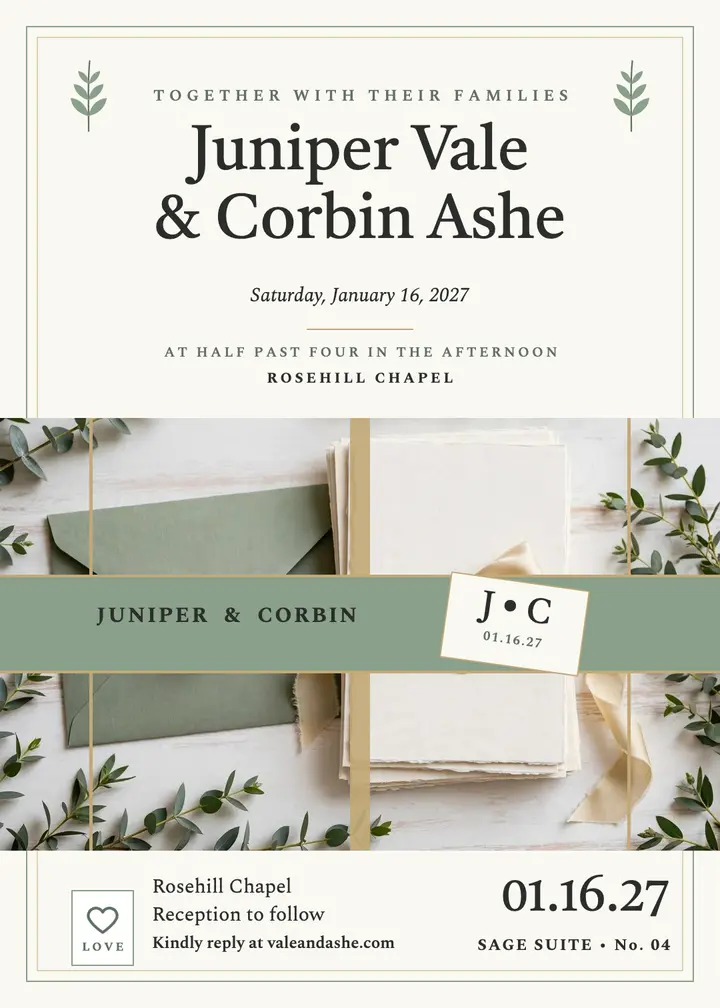 Sage belly band wedding invite, Juniper and Corbin template