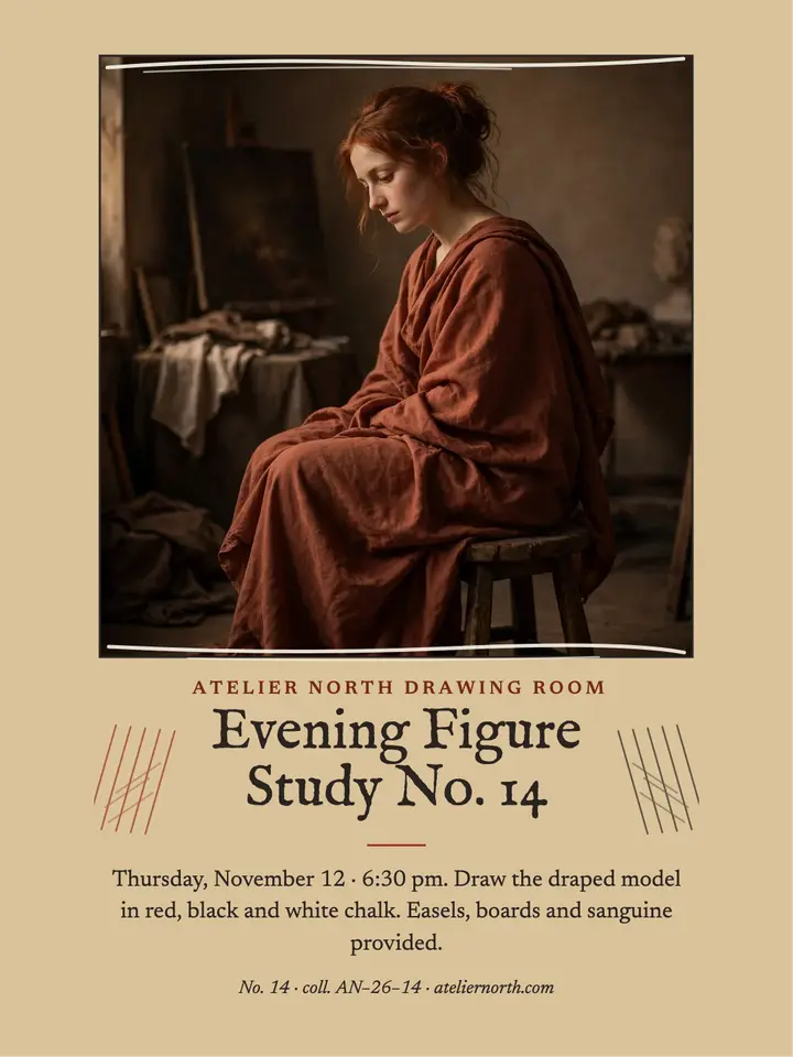 Evening figure study workshop portrait: life drawing workshop post template
