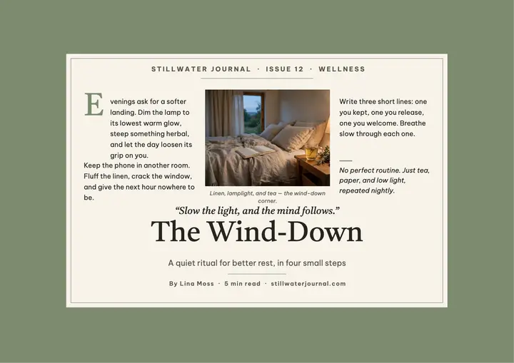 Evening wind-down ritual essay card: wellness essay card template