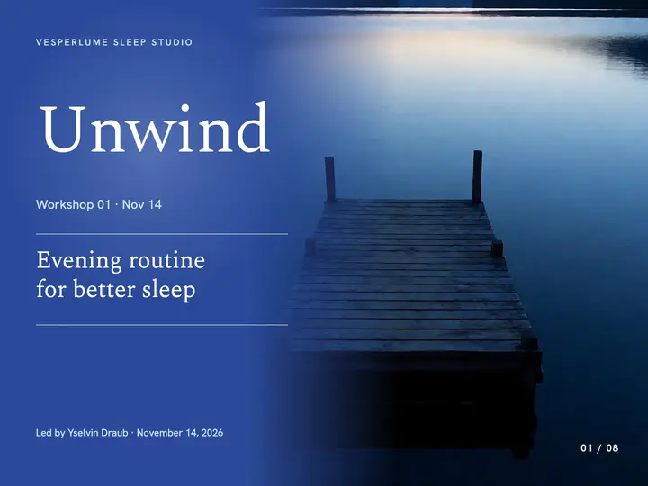 Unwind sleep workshop title slide, blue hour template