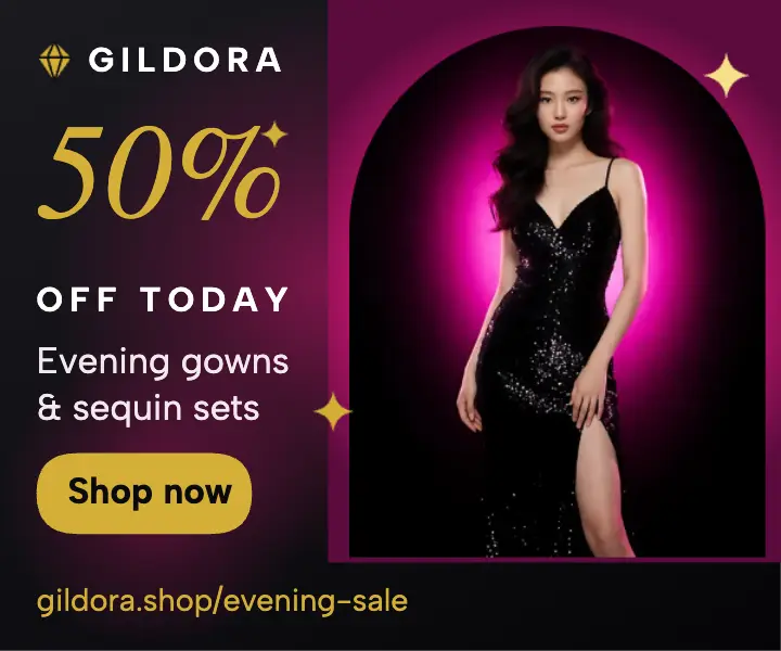 Gildora evening wear sale ad, 80s luxe template