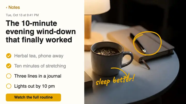 Evening wind-down routine YouTube thumbnail, notes app template