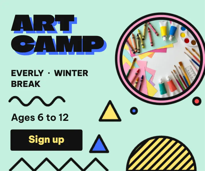 Everly winter art camp ad, Memphis postmodern template