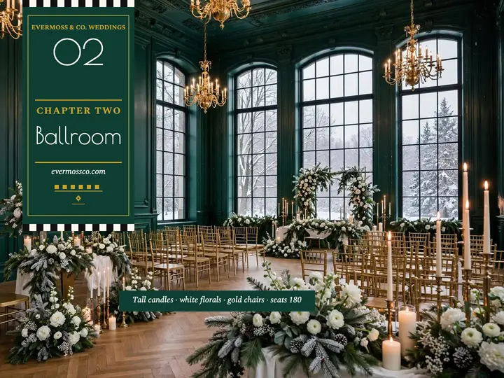 Evermoss ballroom chapter divider slide: wedding venue slide template