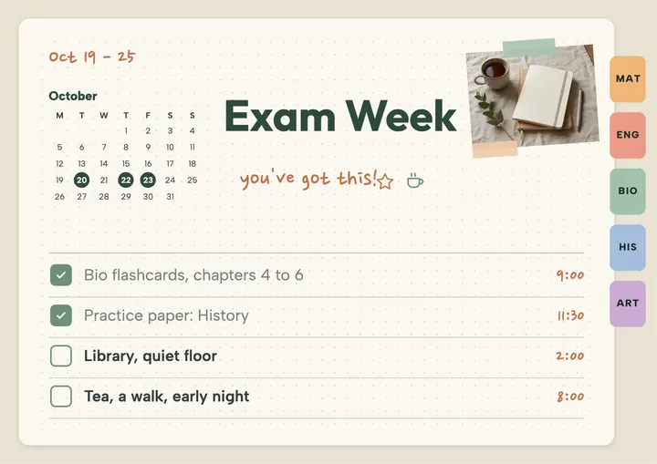 Exam week planner page template