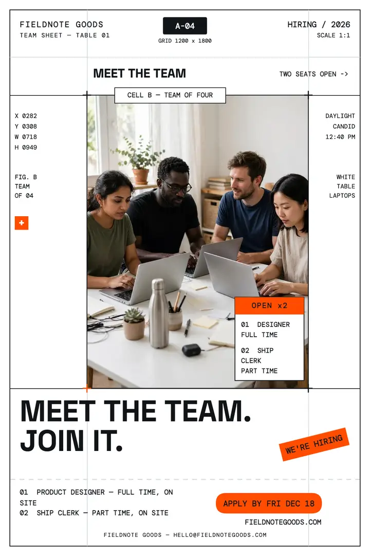Fieldnote Goods meet the team hiring poster: meet the team hiring poster template