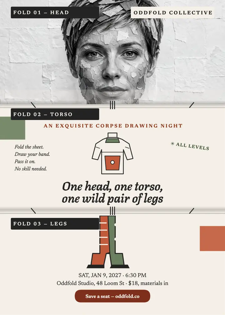 Oddfold exquisite corpse workshop invitation template