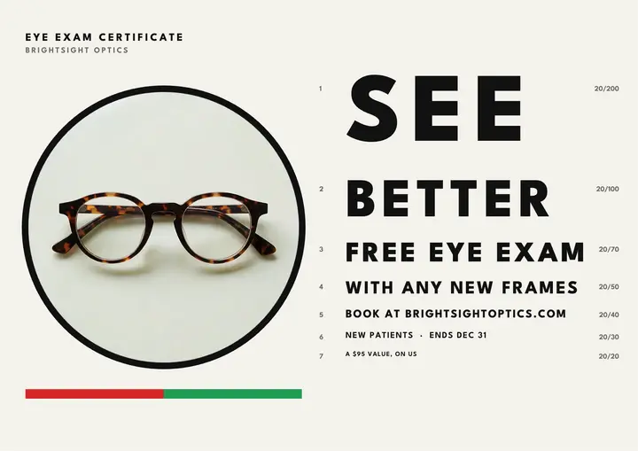 Brightsight Optics free eye exam certificate template