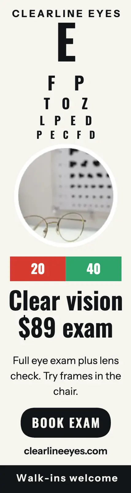 Clearline Eyes $89 exam chart ad: eye exam ad template
