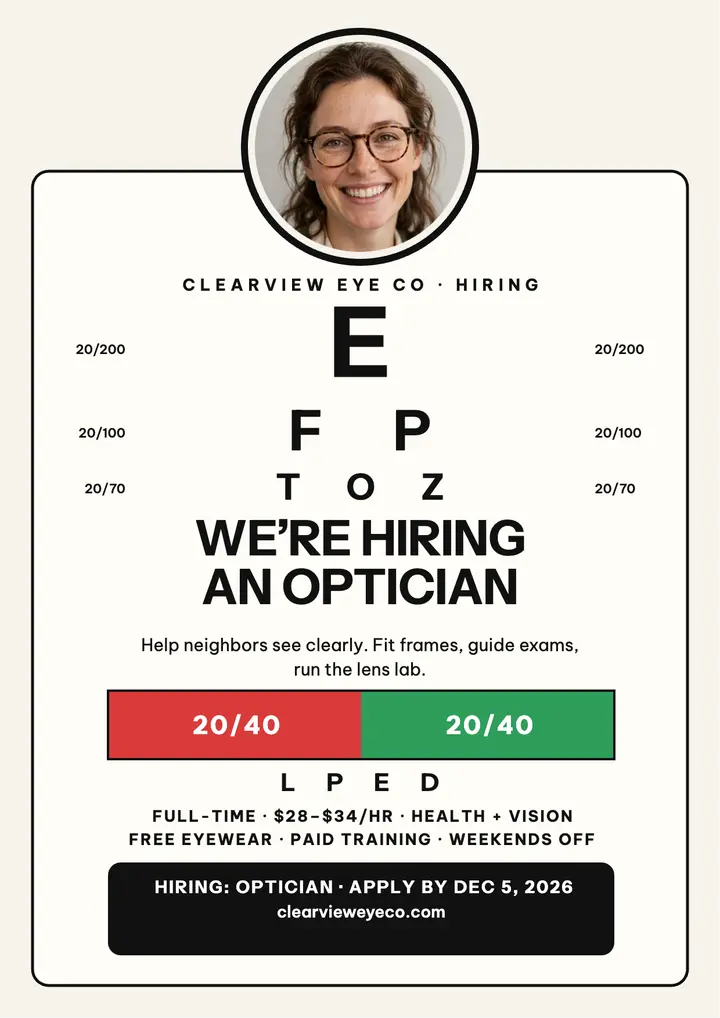 Clearview Eye Co optician hiring flyer template