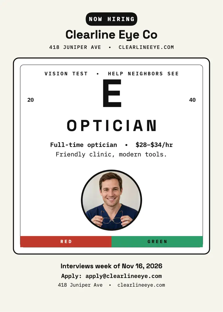 Clearline Eye hiring invitation, optician template