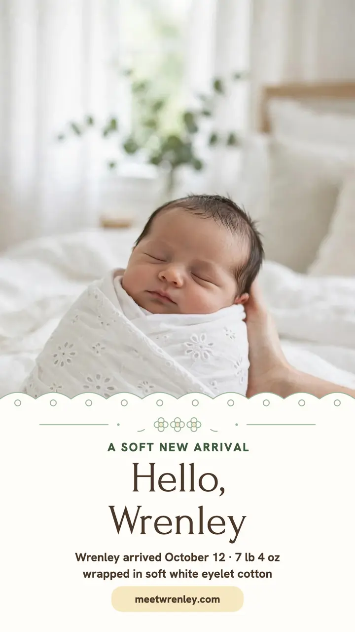 Hello Wrenley eyelet baby arrival story template