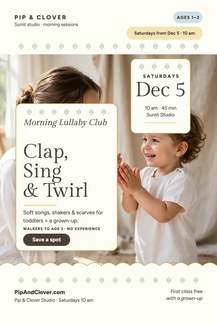 Pip and Clover toddler music morning poster template
