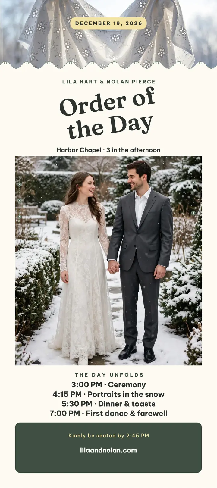 Lila Hart and Nolan Pierce winter rack: winter wedding order of day template