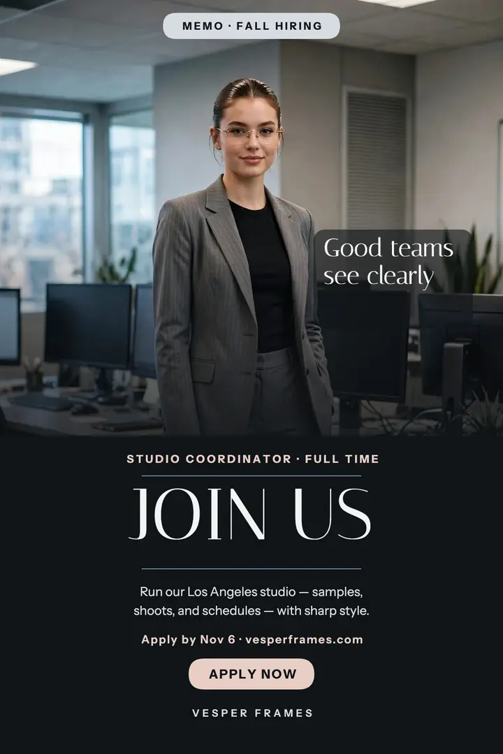 Vesper Frames hiring poster, back to office template