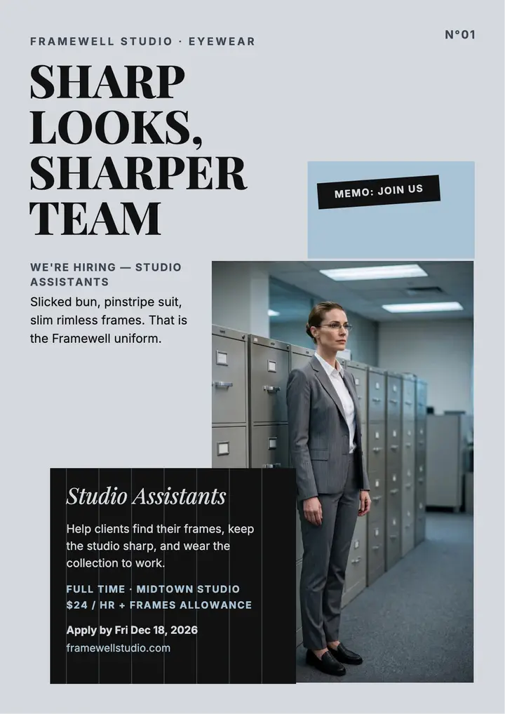 Framewell Studio hiring flyer, office siren template