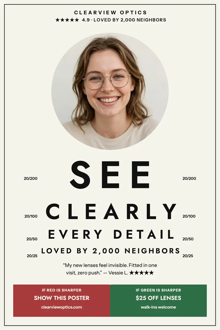 Clearview Optics eye chart review poster template