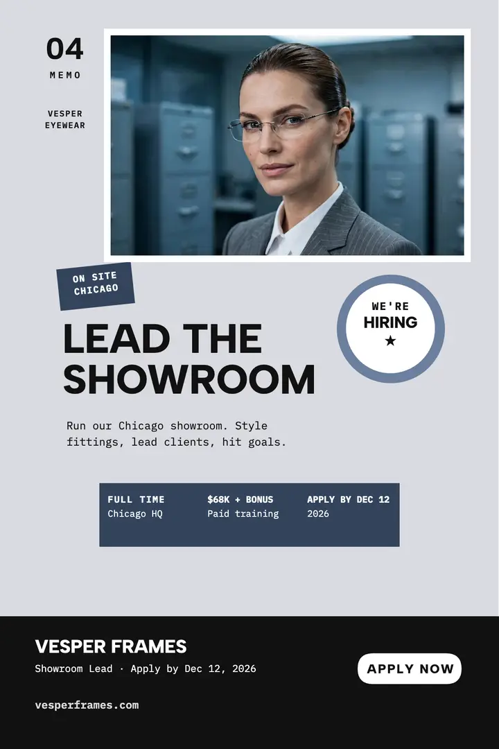 Vesper Frames showroom lead hiring poster template