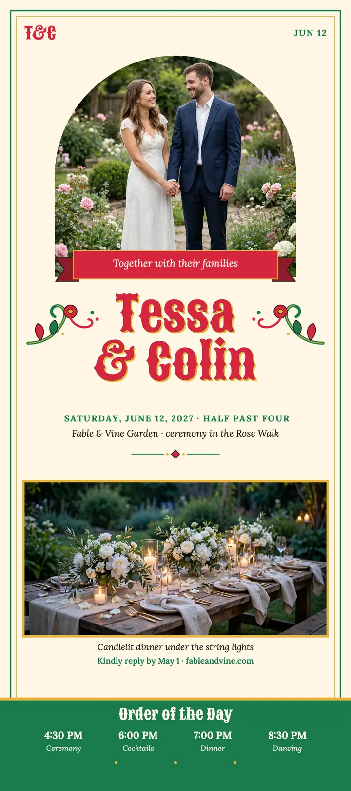 Tessa and Colin garden wedding fileteado rack card template